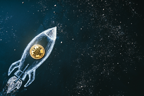 Bitcoin logo rocket launcher