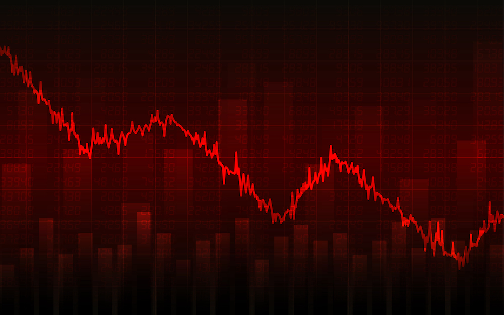 Abstract Business chart with downtrend line graph, bar chart and stock numbers in bear market on red color background (vector)