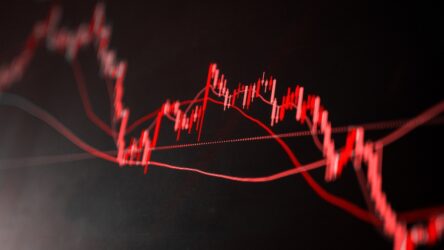 The red crashing market volatility of crypto trading with technical graph and indicator