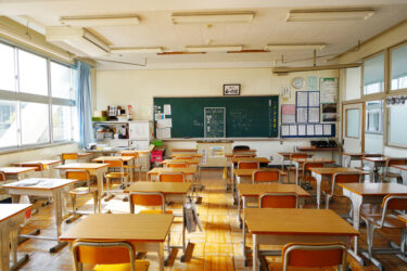 View in the junior high school classroom for lectures in the Kanonji Higher Education Institution in the daytime in Kagawa, Japan