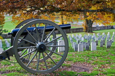 A cannon in a cemetery at Gettysburg National Military Park in Pennsylvania,USA.