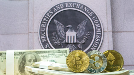 Bitcoin , ETH, XRP coin put on Dollar money the background is Logo SEC.