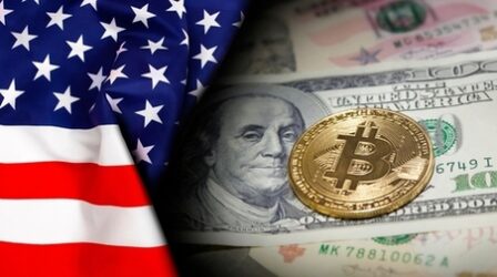 American flag on a Golden bitcoin coin on us dollars
