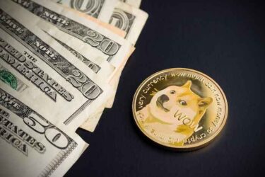 Dogecoin and dollars on black background.