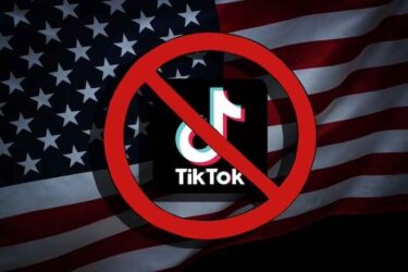 Tik Tok logo crossed out with ban sign over flag of USA