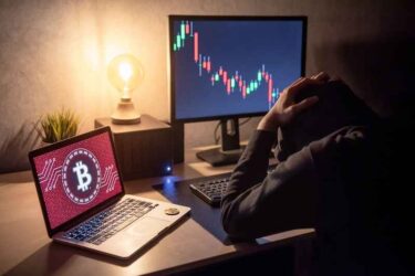 Male Investor feeling stressed and frustrated due to bitcoin crisis with candlestick graph price down on laptop screen.