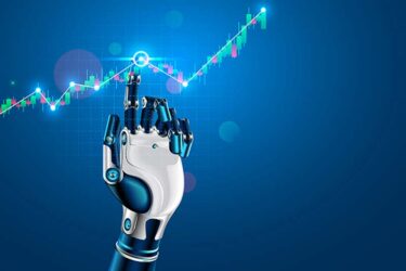 Robot or cyborg hand taps finger on chart of trading data of forex stock exchange.