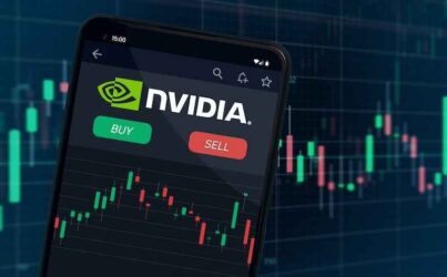 nvidia logo on mobile phone screen company shares rise or fall on stock exchange market