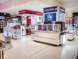 Cosmetic counters in Debenhams department store in St Collins Lane shopping centre.