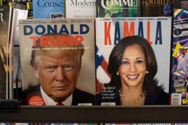 Magazines published by A360 Media with presidential nominees Donald J. Trump and Kamala Harris on the covers are displayed at a bookstore in Tigard, Oregon.