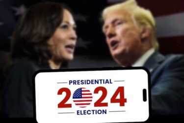 The 2024 American presidential election concept, with Donald Trump and Kamala Harris in the background.