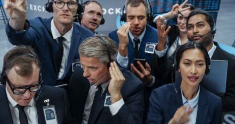 Historical Stock Exchange Depiction of Open Trading Floor Pit with Diverse Group of Traders Executing Buy and Sell Stock Orders with Hand Signals and Verbal Communication with Their Brokers