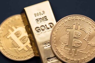 Bitcoin and gold bars.