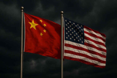US and china flags with a dark background.
