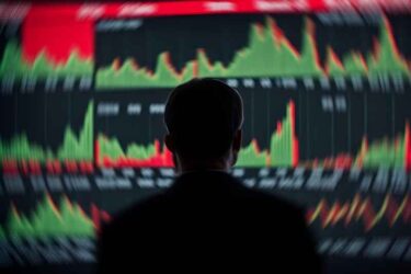A blurred silhouette of a person is seen in the foreground with a background of a stock market chart displaying a fluctuating trend line in red and green